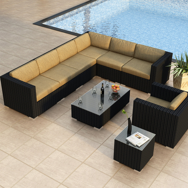 Combinación de sofá de ratán al aire libre esquina en forma de U patio jardín balcón sala de estar del hotel ocio imitación de ratán muebles de exterior