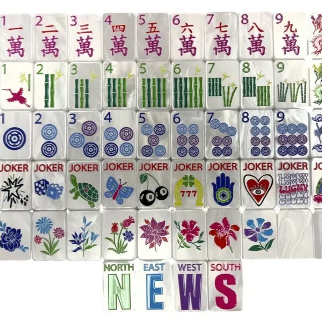 In stock: Pearl White American Mahjong Set, featuring a cartoon design with versatile tiles and floral patterns, a perfect game gift