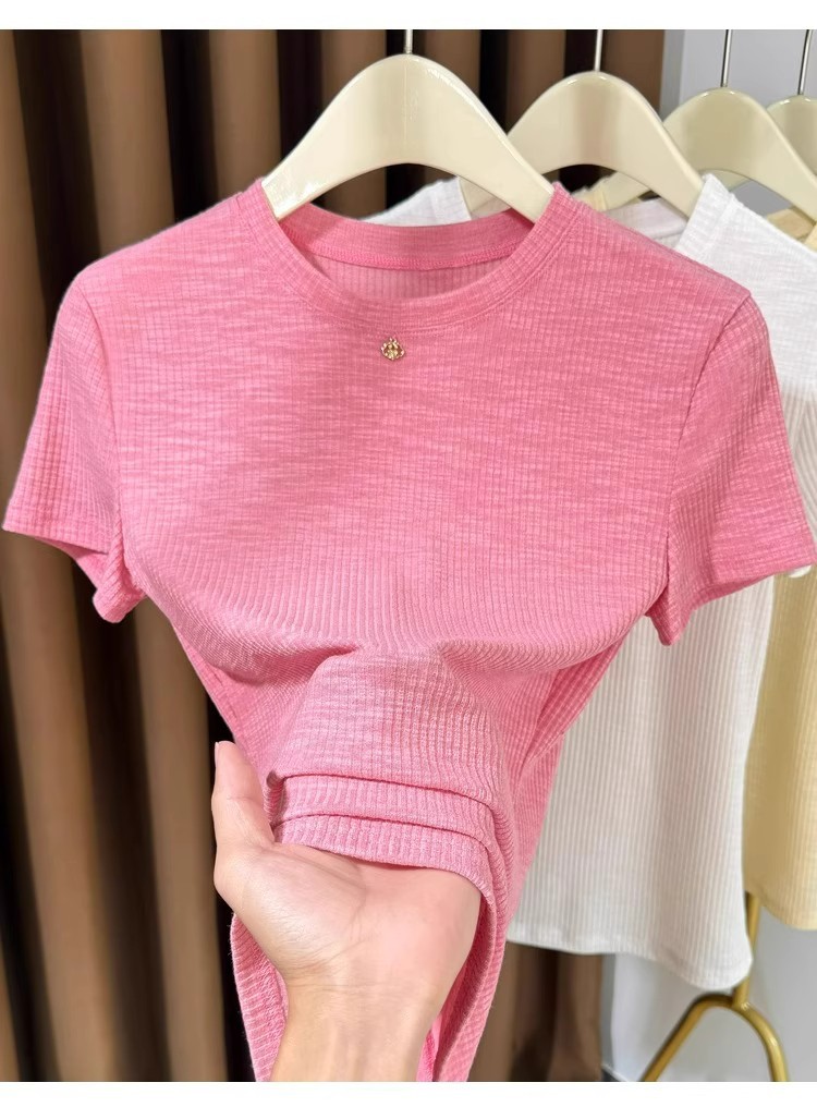 Women's Pink Ribbed Short Sleeve T-shirt Lightweight Basic Top_voghion.com