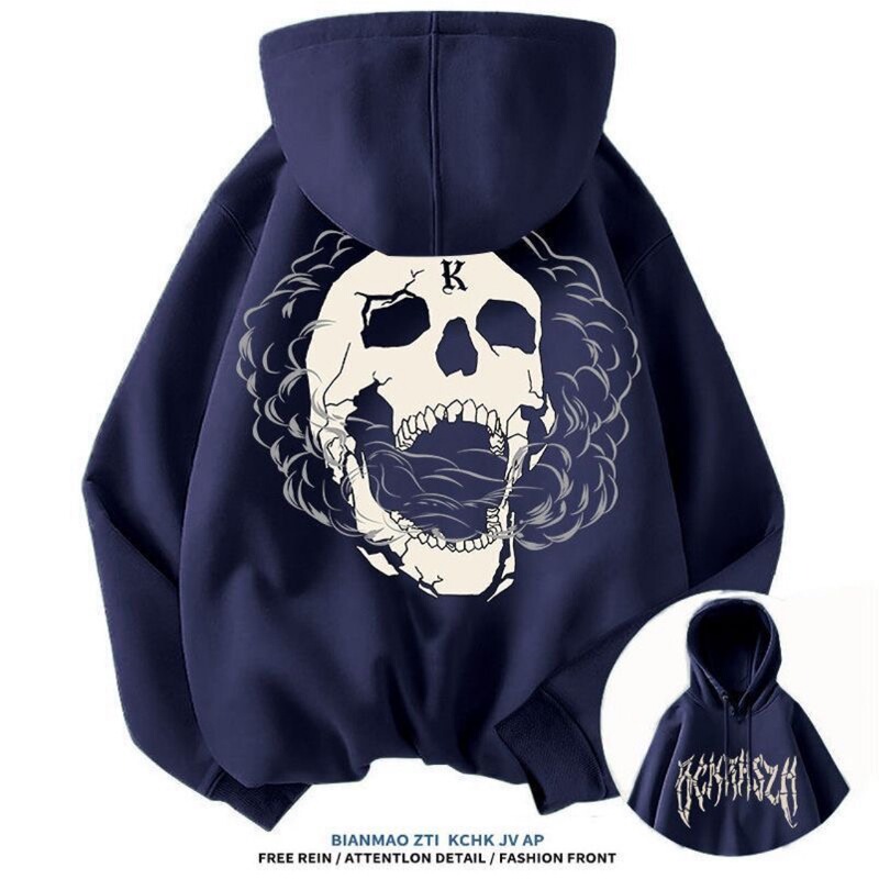 Silver Fox Velvet European and American Trendy Brand Street Hiphop Hooded Sweatshirt for Men and Women Autumn and Winter Casual Loose Skull Print Jacket