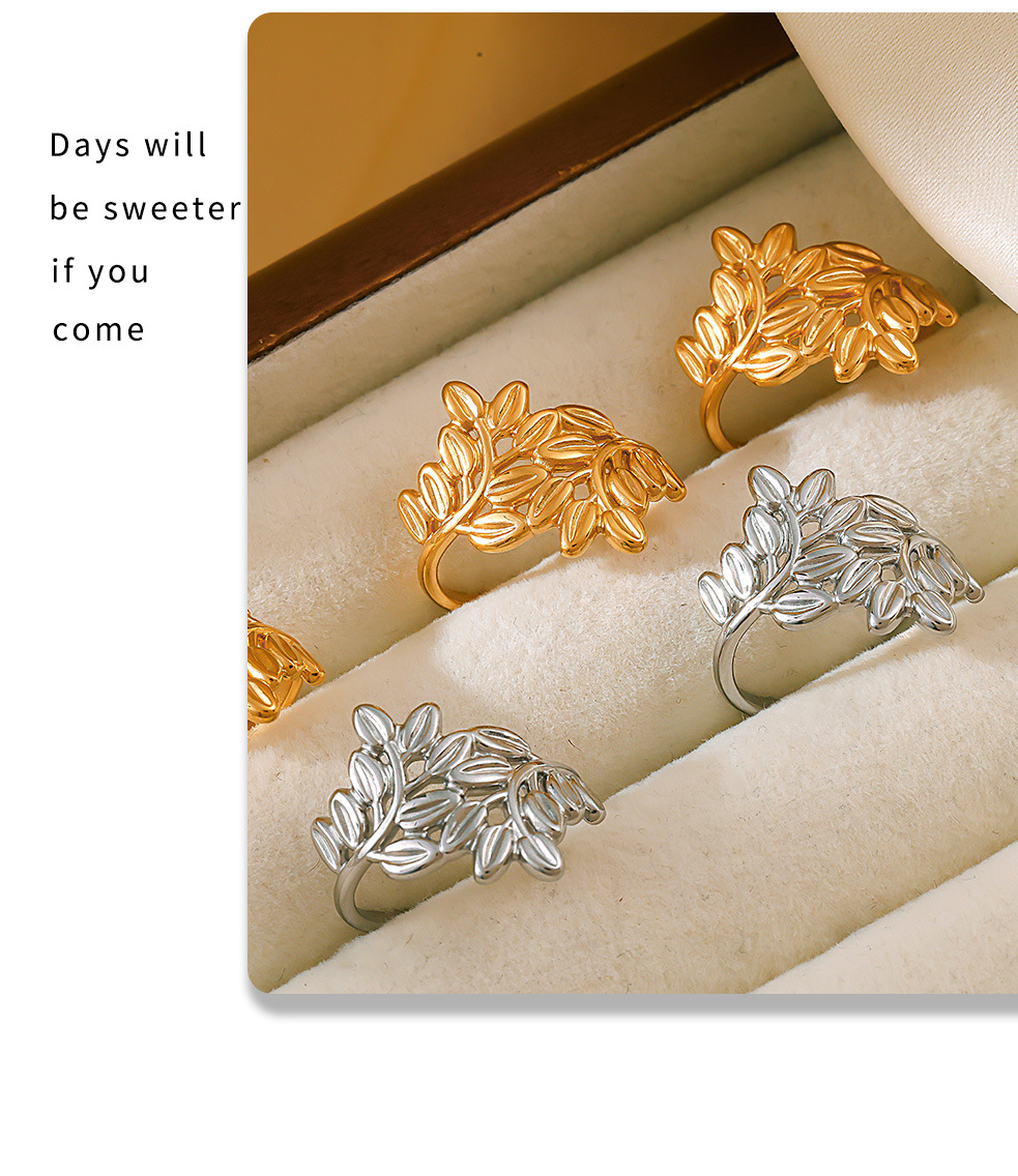 Anello aperto in acciaio inossidabile con linea cava, alla moda, non sbiadisce, bracciale con anello da donna con foglia di temperamento_voghion.com