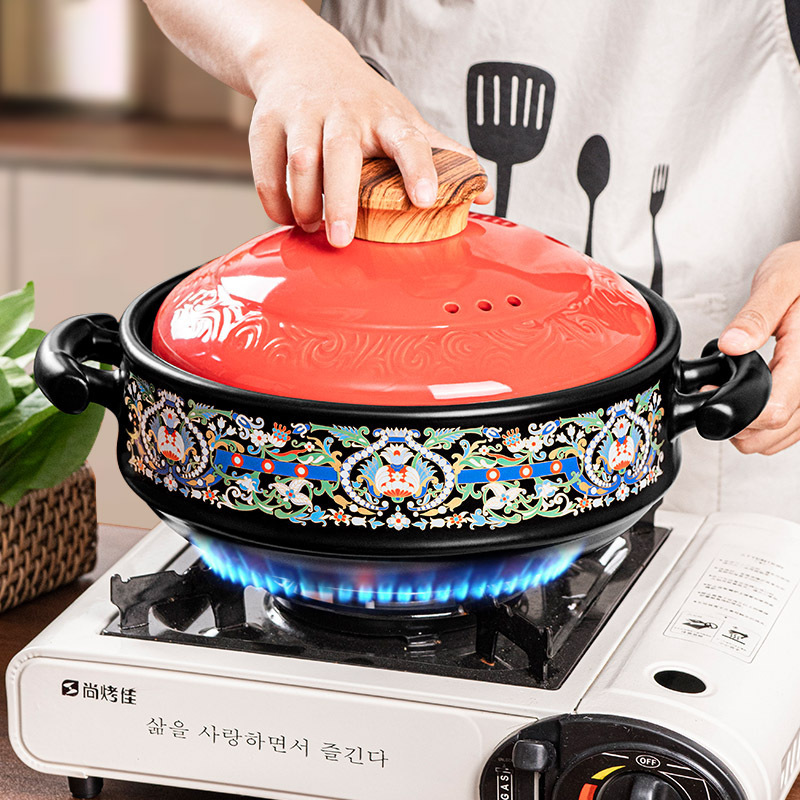 エナメルドライポット、家庭用スープ、野菜、お粥、レストラン専用フライパン、セラミックポット、レリーフレッドカバーキャセロール、浅型|undefined