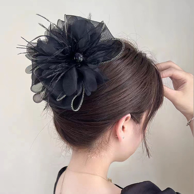 女性用レトロサテンリボンクリップ、ハイエンド、エレガント、ローポニーテールクリップ、後頭部クリップ、ヘアピン|undefined