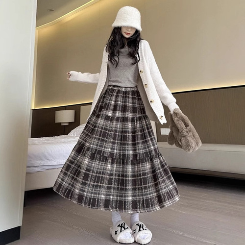 New Year Battle Dress Ethnic Style Hide-and-Seek Pear Shaped Semi-Skirt Woolen Thick Long Dress Slimming Matchable Medium Length