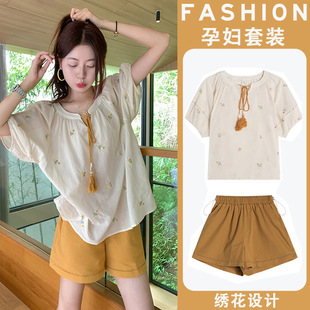 Ready-Made Korean Style Short-Sleeved Shirts for Pregnant Women, Women's Summer Loose Shirts, Doll Shirts, Temperament Tops, Two-Piece Suits