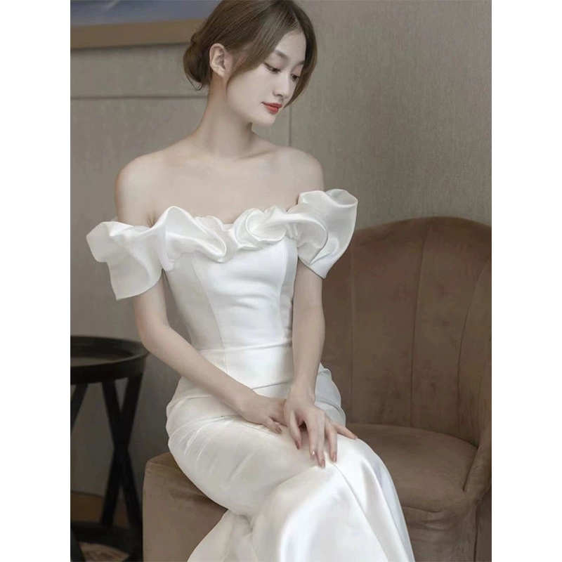 Новое свадебное платье из атласа, ретро-стиль, одно плечо, фасон "рыбий хвост", основная ткань — шифон, для невысоких, легкое летнее свадебное платье.