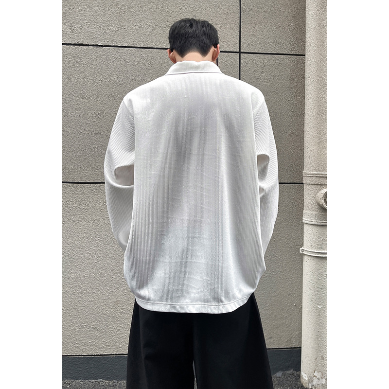 Wrinkled Texture White Polo Shirt For Men, Long-sleeved, New Spring Style, Solid Color, Simple Base Shirt, Large Size,_voghion.com