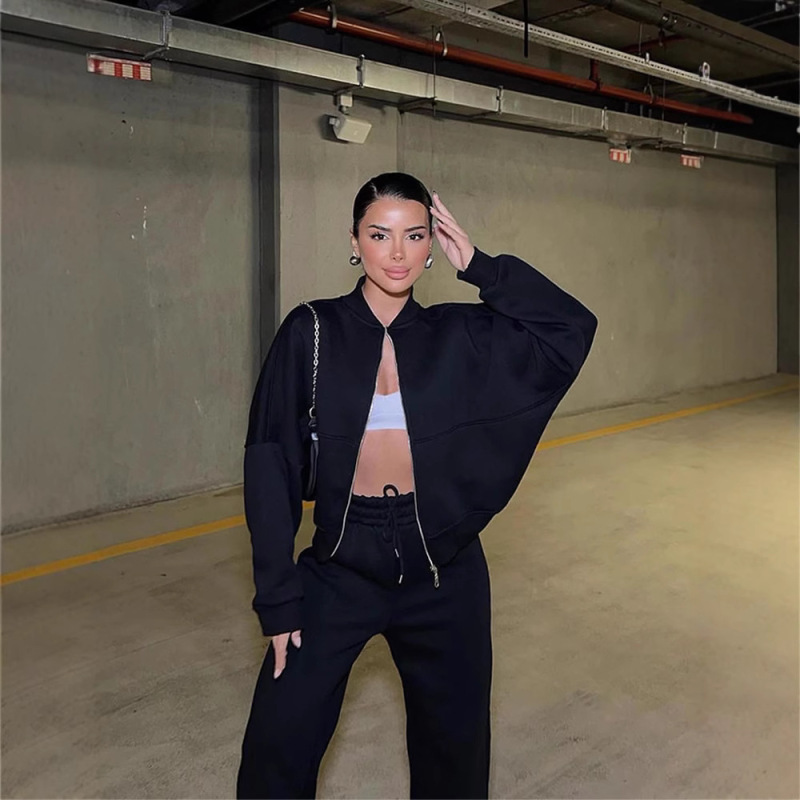 欧美休闲套装美式秋冬开衫运动女装时尚街头风长袖外套长裤两件套|undefined