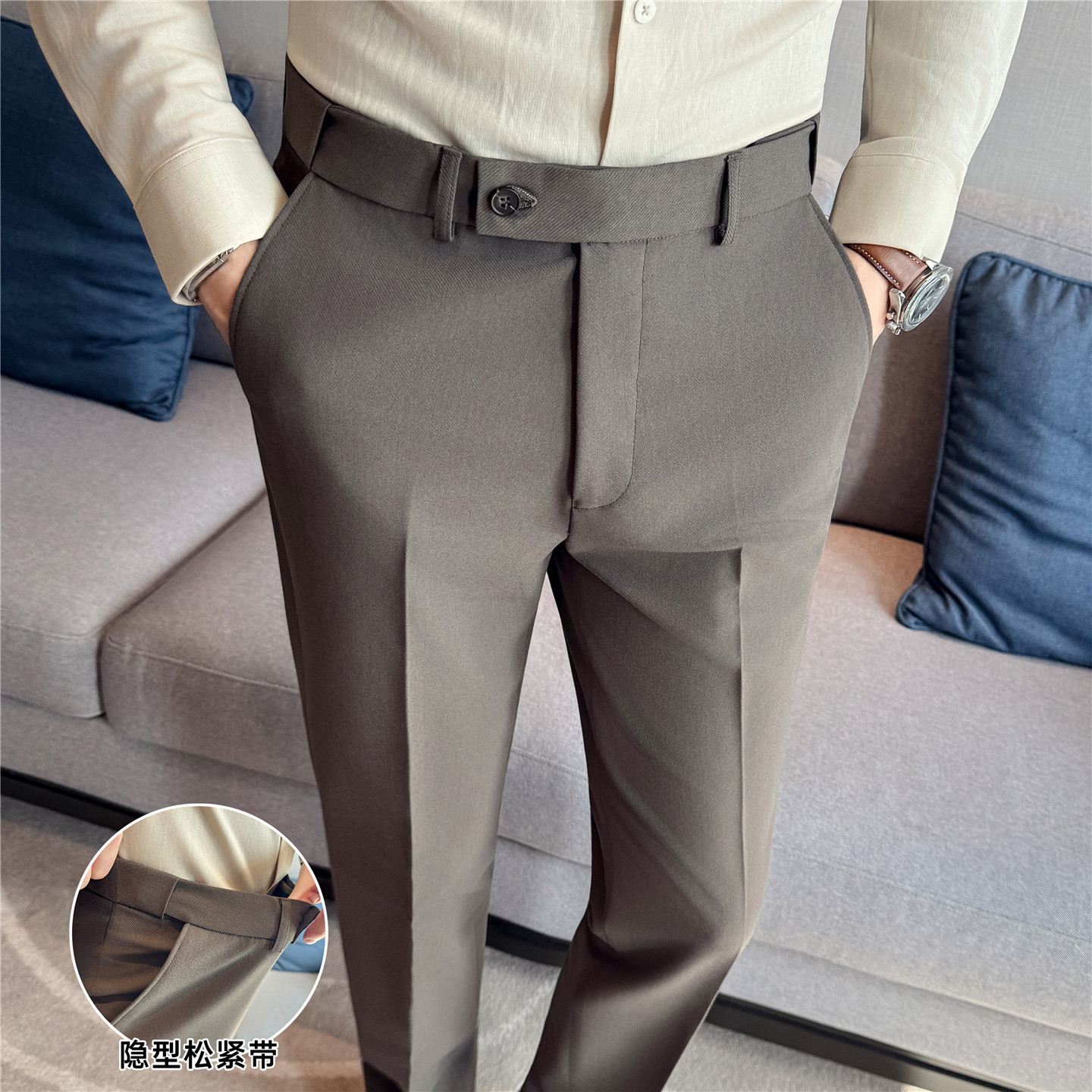 Tiktok Secret Message Delivery Autumn and Winter Thick Men's Casual Pants High-Quality Wrinkle-Resistant Fabric Invisible Elastic Waist Suit Pants