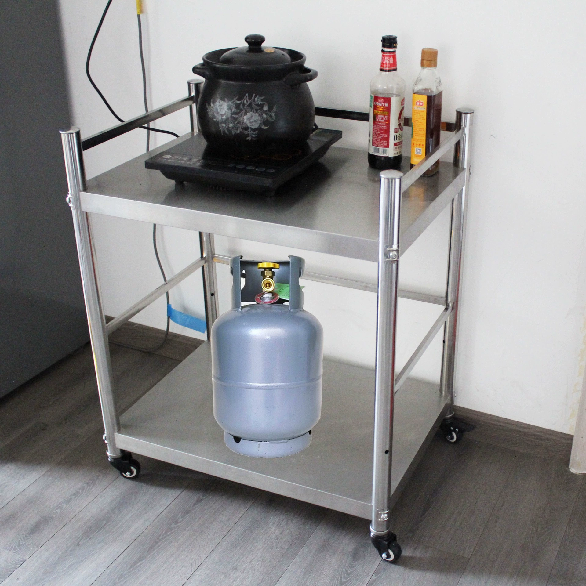 Полка для тележки, бензобак, небольшой двухэтажный стеллаж на колесиках из нержавеющей стали, ограждение высокой высоты, другие