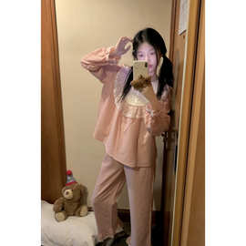 外贸批发2026秋小清新甜美公主风拼接蕾丝格子长袖长裤家居服套装
