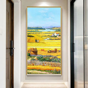 Hand-Painted Oil Painting of Van Gogh's Harvest at Dafen Village, Vertical Landscape Mural for Entrance Decoration, European-Style Corridor Hanging Painting