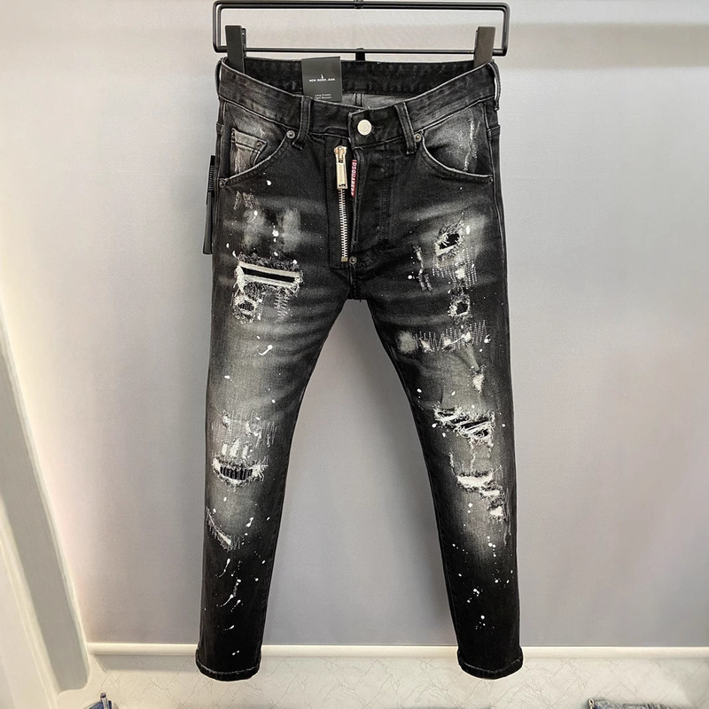 9856D2 second-power fashion brand jeans European and American cross-border Men's ripped straight Denim trousers European station Denim