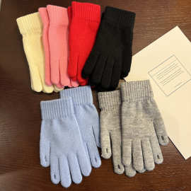 露指触碰毛线加绒保暖手套冬季女保暖抗冻五指骑行ins玩手机针织