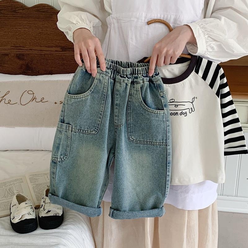Nuevos niños coreanos sueltos bebés primavera y otoño frescos japoneses retro niños hacen jeans viejos pantalones recto para niños