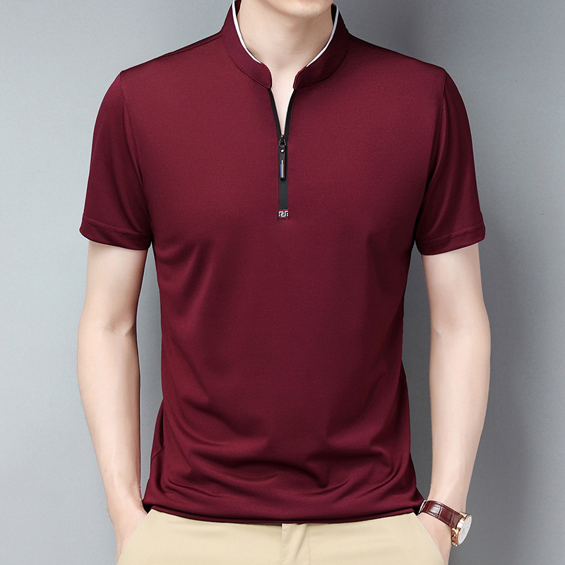 Half Zipper Half High Collar Short Sleeve T-shirt Men's Summer Vertical Collar Brand Men's Shirt Silk Sweater Korean Base Shirt