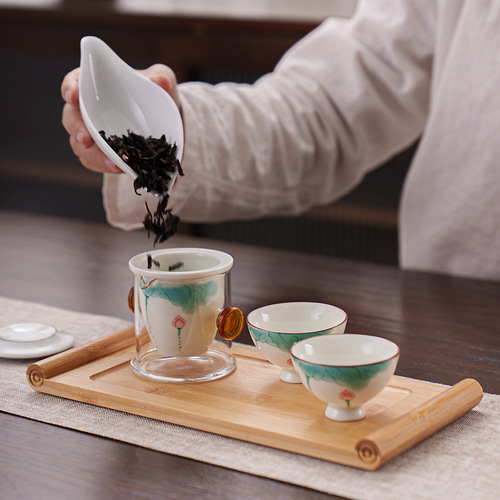 Simple Hand-painted Teacup and Teapot Set with Small Gift Box, Chinese Style Ceramic Teapot and Two Teacups