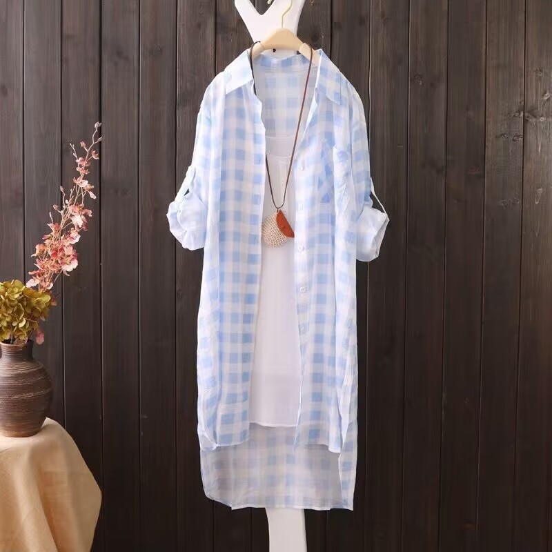 Summer Shirt Sun Protection Clothing for Women, Mid-Length, Long-Sleeved, Loose-Fitting, Korean Style, Student Casual Sun Protection Thin Coat Shirt for Women