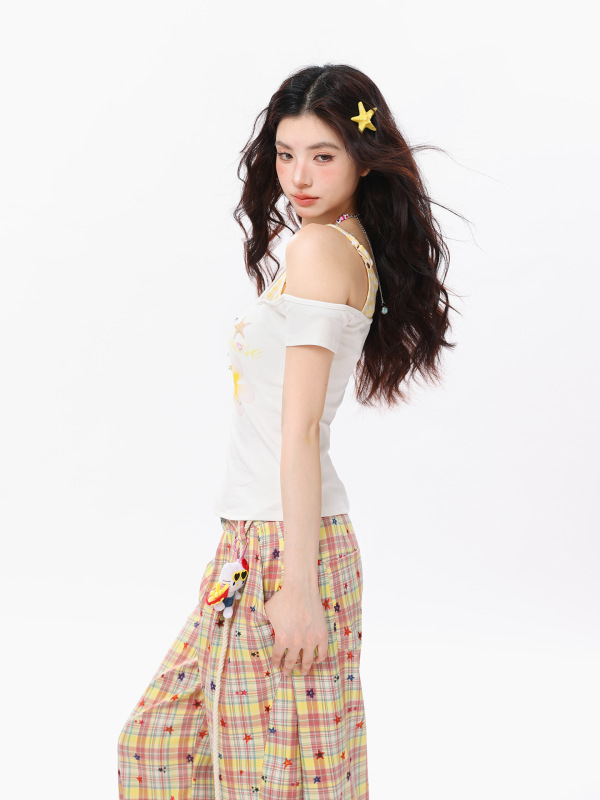 纯棉花朵假两件甜辣妹短袖t恤女夏2025新款修身显瘦露肩短款上衣|undefined