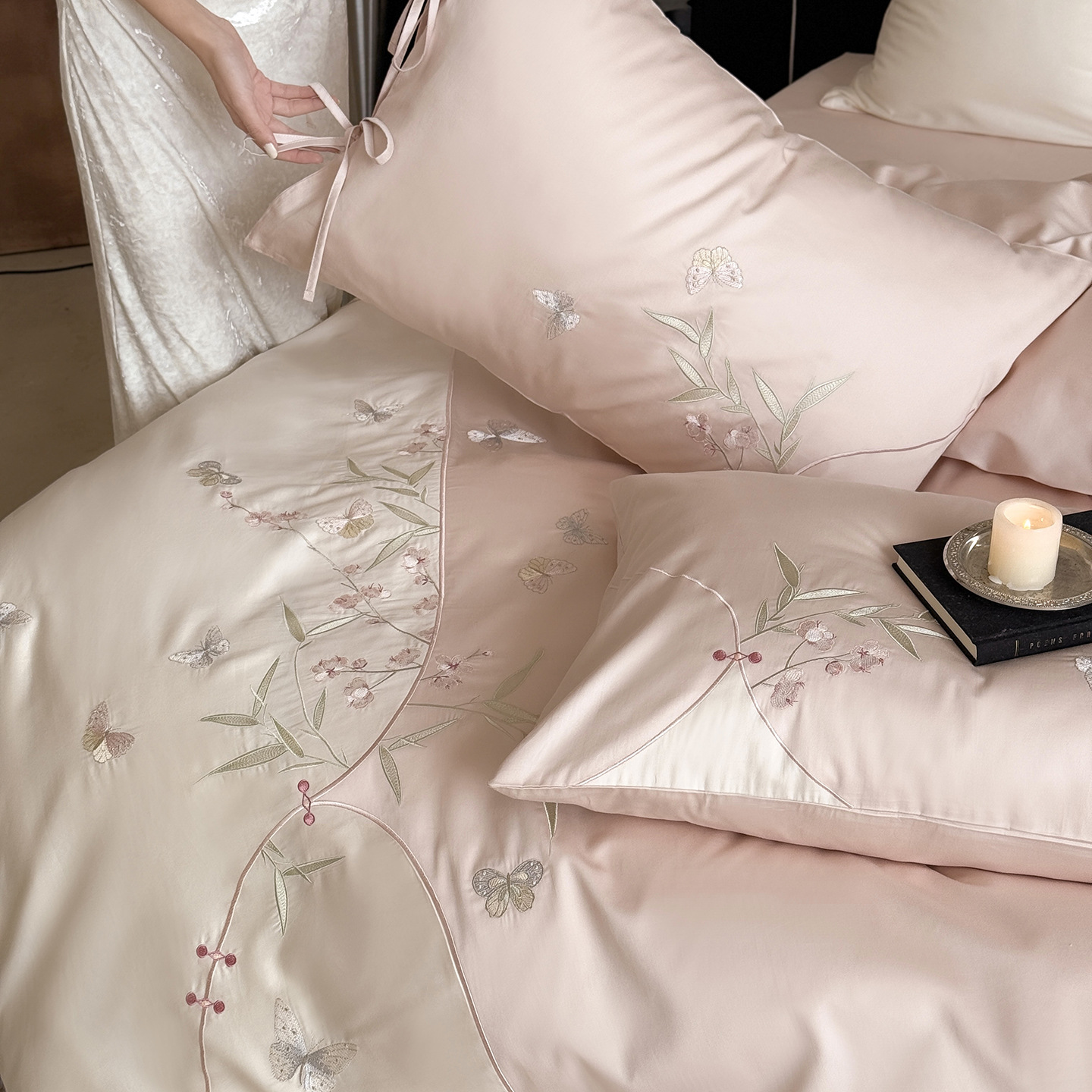 ¡Flor Shadow Shake! 100S algodón largo cuatro piezas de algodón bordado cubierta de edredón de algodón cuadrangular cubierta de almohada cuatro estaciones desnuda para dormir