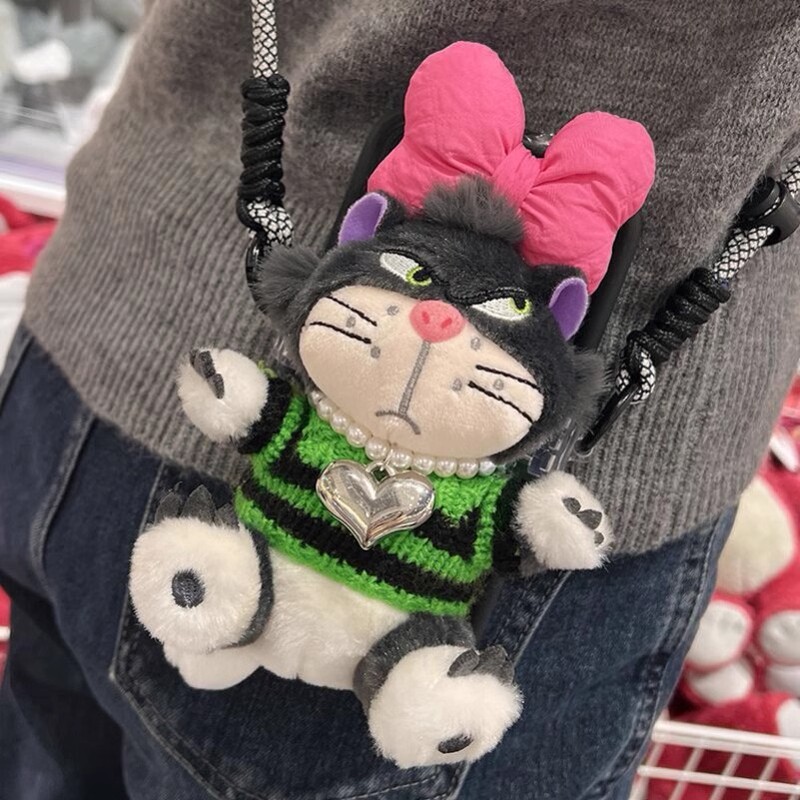 路西法猫卡通手机背夹挂绳毛绒玩偶挂件壳斜挎跨链条可背带保护套|undefined
