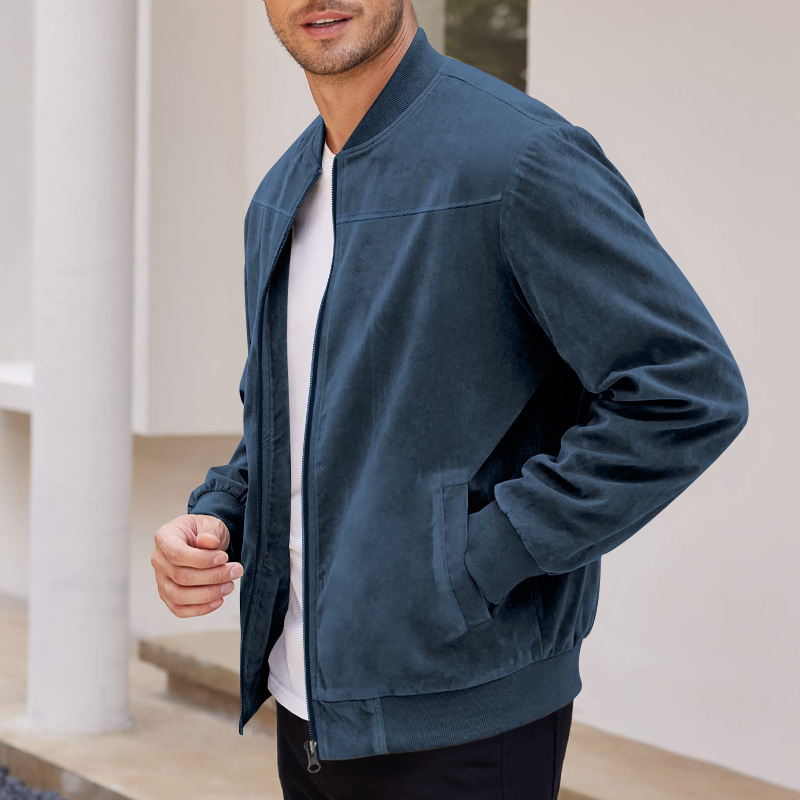 1 Cross-Border Autumn Suede Solid Color Zipper Jacket Casual Retro Long Sleeve Cardigan Coat Men's Cotton_viptrois.com