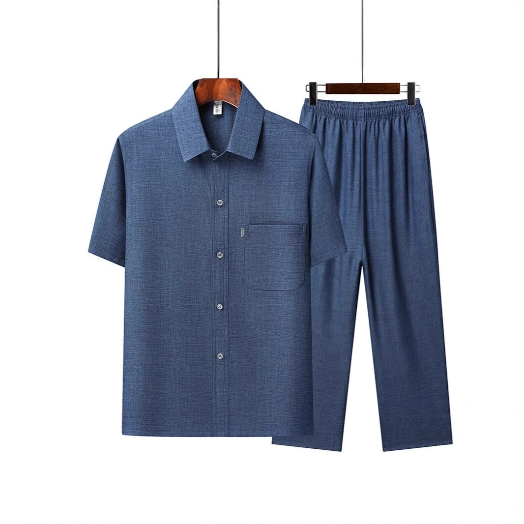 Новая джинсовая рубашка из шифона, костюм в стиле Тан, мужской китайский стиль, лето 2025, для среднего и старшего возраста, костюм для дедушки, костюм в стиле династии Хань, костюм для папы.