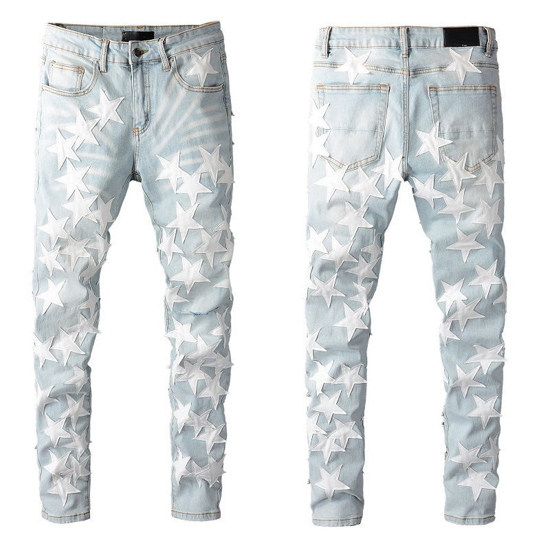 Cross-border AMIRI high street leather Star Fashion jeans men's high craft Stretch Slim High Street jeans