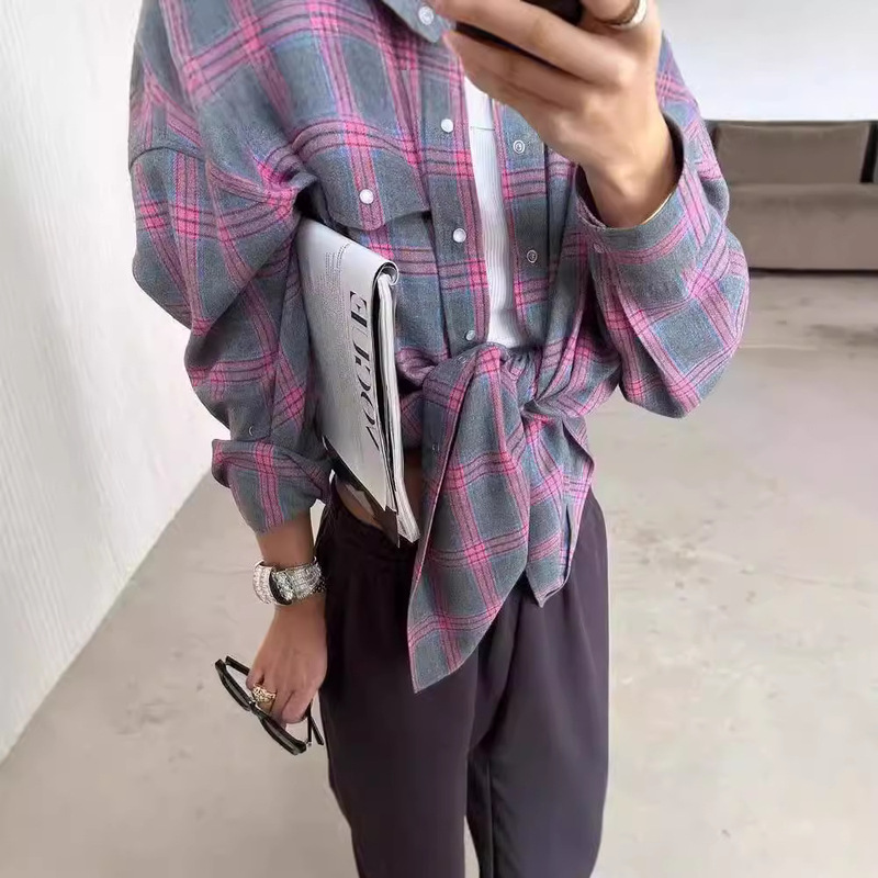 Amazon Cross-Border 2024 Autumn Retro Style Versatile Lapel Loose Shirt Plaid Long-Sleeved Pocket Women's Shirt