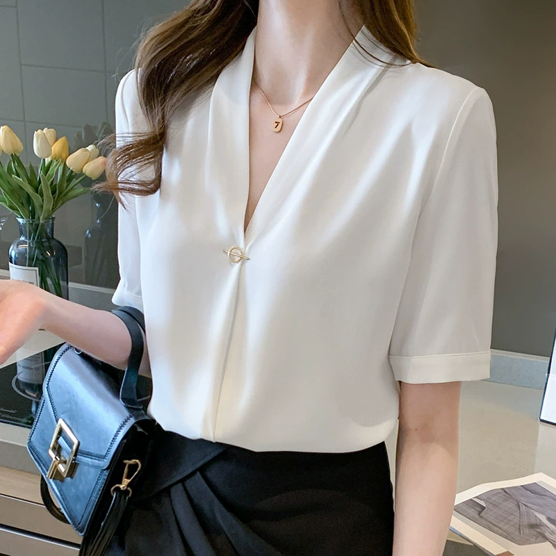 2025 летний новый белый шифоновая рубашка с короткими рукавами женский дизайн чувство нишевые профессиональные блузки
