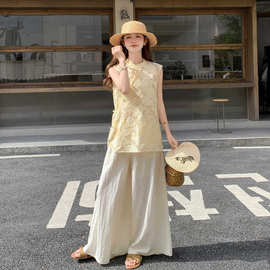 实拍新中式国风刺绣提花马甲阔腿裤套装两件套女夏季高级感绝美仙