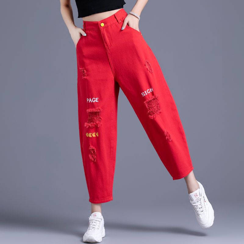 Embroidered Ripped Jeans for Women, New Straight-Leg Loose High-Waisted Red Pants for Spring and Autumn, Dad Pants, Cropped Pants