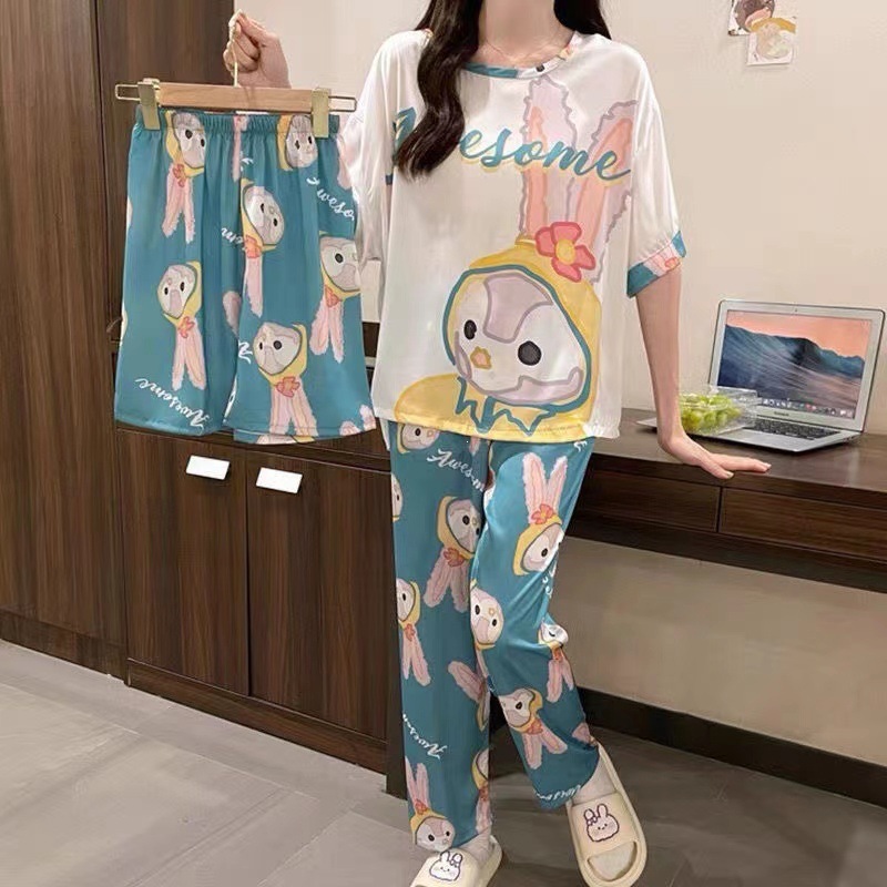 Pijama de verano de mujeres delgado en línea popular estilo coreano estudiantes dulces lindos vestidos para el hogar de mujeres se pueden usar con tres piezas