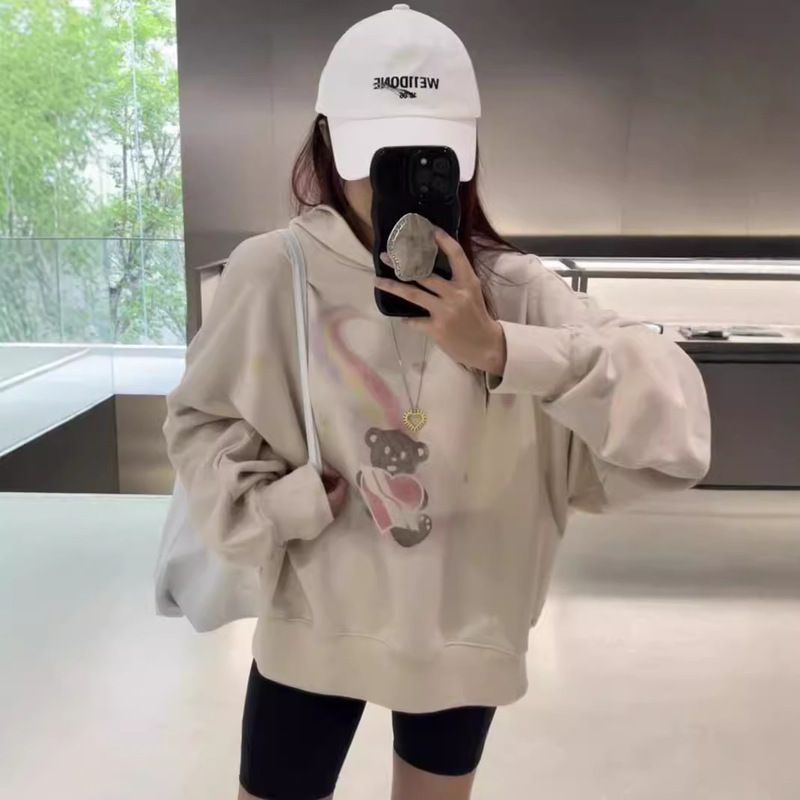 We11 Early Autumn New Style Comfortable and Casual Rainbow Bear Print Terry Hooded Sweatshirt Top for Women