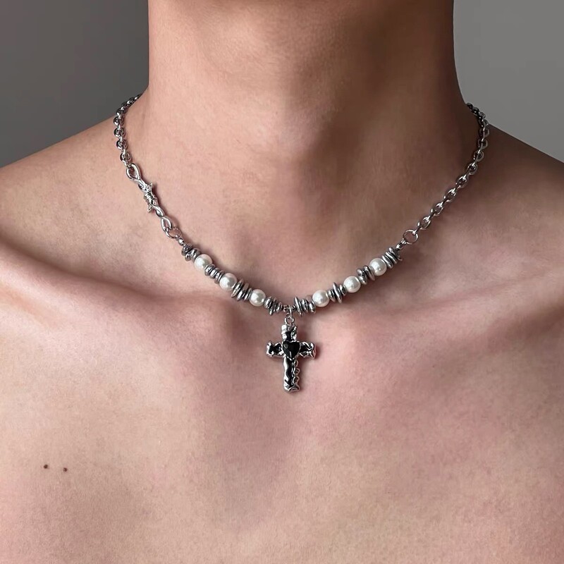 New 2025 Pearl Irregular Stone Spliced Cross Necklace Versatile Personality Collarbone Niche Design Unisex Hip-Hop