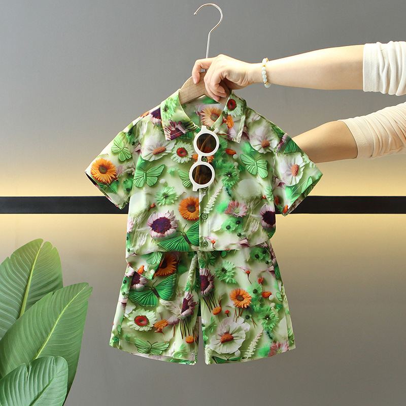 7874 traje de manga corta de verano para niños 2025 nueva camisa para niños de dos piezas ropa de vacaciones de verano para bebés de moda
