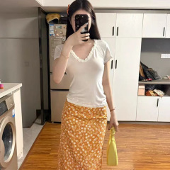 Yeyuan ウィルダーフルーツレース軽量 V ネック半袖 Tシャツ女性の夏の韓国語バージョンニッチ純粋な欲望痩身学生トップ