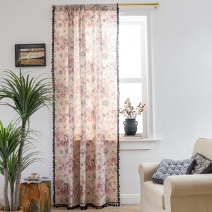 Cross-border Curtain Finished Black Tassel Cotton Linen Fabric Lace Red Printed Rose Small Window Kitchen Curtain
