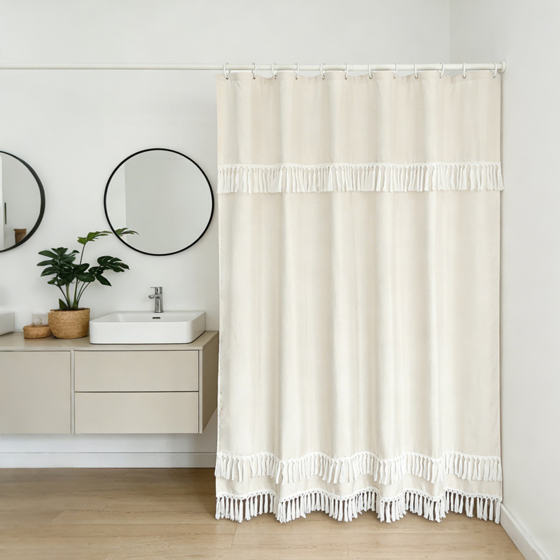 Cross-Border Popular Tassel Pendant Thickened Faux Linen Bathroom Curtain Polyester Shower Curtain Japanese-Style Beige Simple Waterproof Partition
