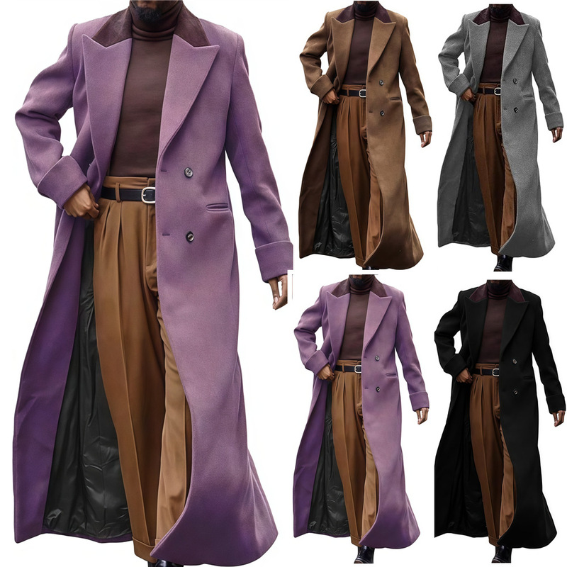 In-Stock European and American Plus-Size Autumn and Winter Woolen Long Coat for Men, Amazon Thickened Woolen Double-Breasted Trench Coat