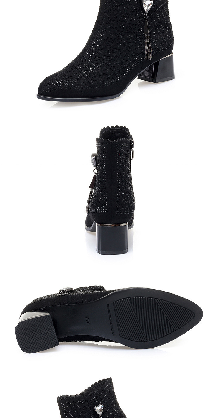 Boot cổ thấp nữ da lưới gót thô thoáng khí, đính đá lấp lánh — màu đen chi tiết 9