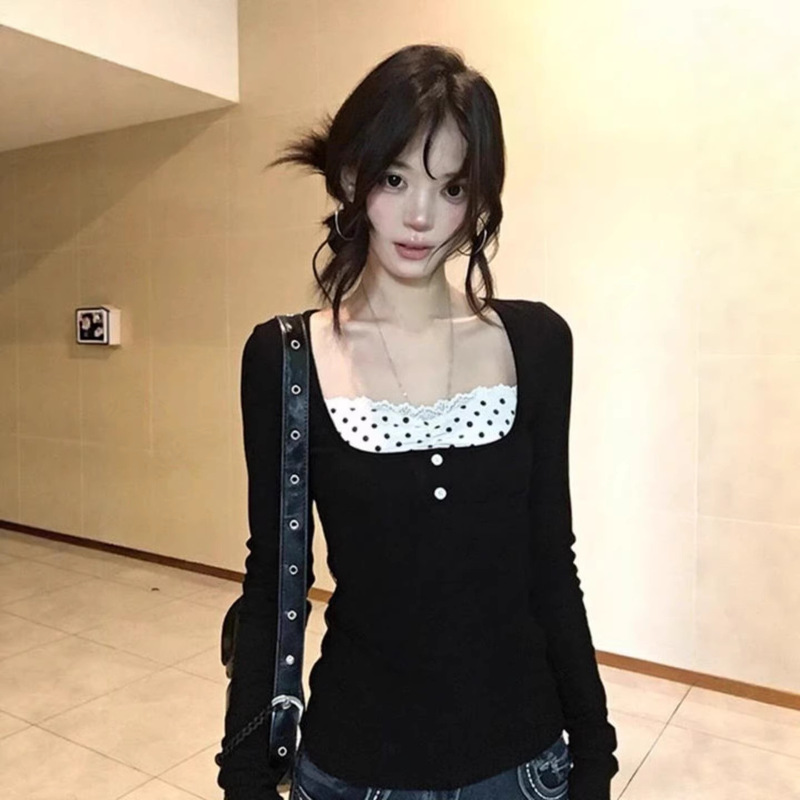 Black Polka Dot Lace Patchwork Fake Two-Piece Long-Sleeve T-Shirt for Women, Korean Style, Very Stylish, New Early Spring Top