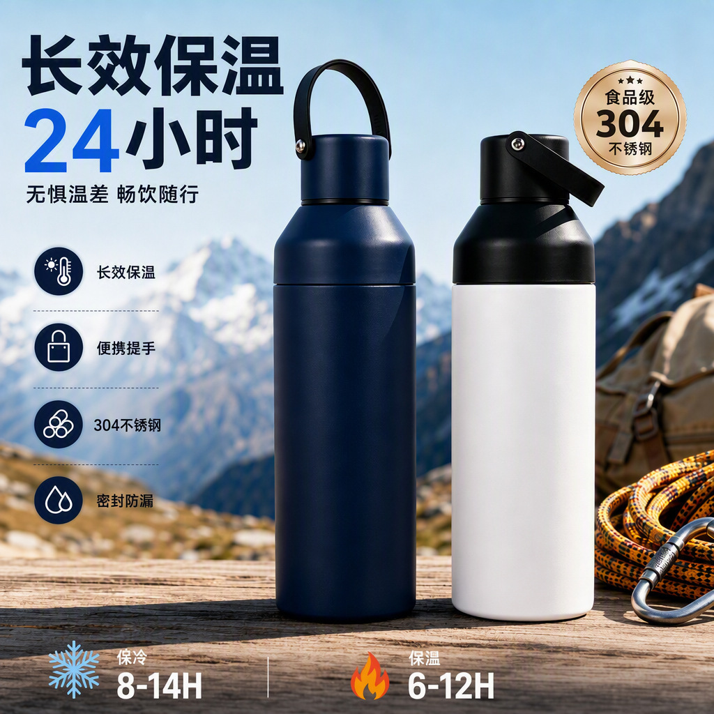 304 stainless steel travel insulated thermos, a creative design with a double lid, suitable for use in cars, keeps drinks cold, and can be given as a gift to elders