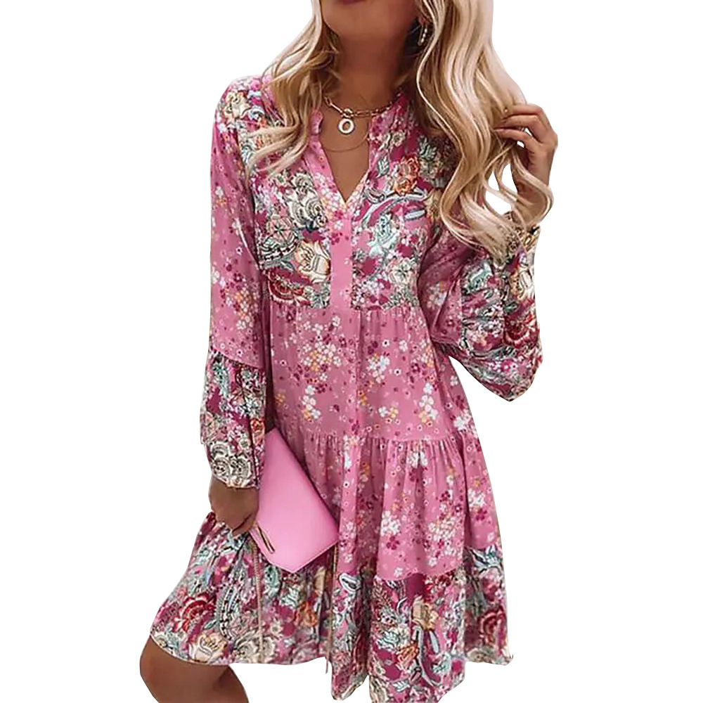 133g Weight Above Knee Dress Length Type Nine Points Sleeve Sleeve Length Wholesale Women'S Pastoral Printing Flower Street V Neck Nine Points Sleeve Regular Dress