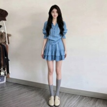 夏日绝美法式蓝色连衣裙子女夏季6新韩系巨看漂亮两件套装