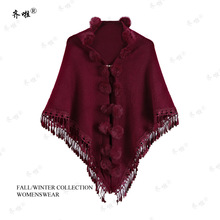 跨境外贸仿獭兔毛球蕾丝披肩厂家批发短款披风多色针织保暖斗篷女