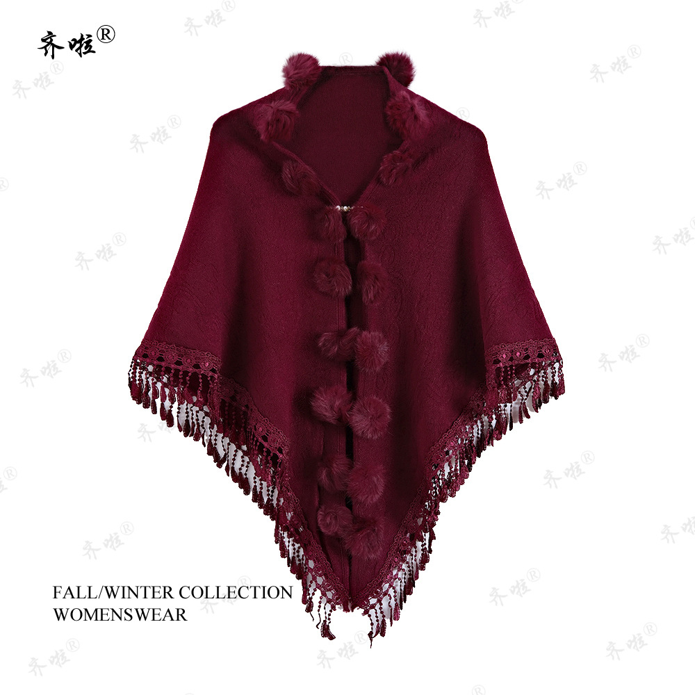 跨境外贸仿獭兔毛球蕾丝披肩厂家批发短款披风多色针织保暖斗篷女