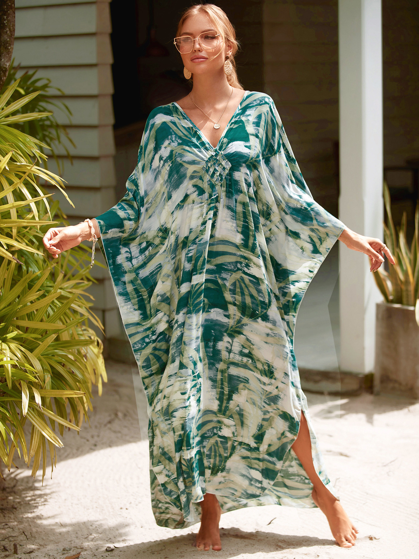 224g Weight Sunscreen Shirt Outerwear Type 3/4 Length Sleeve Sleeve Length Polyester Fabric Type Long Top Length V Neck Neckline Printing, Leopard Pattern Spring&Summer Season Women's Gender Vacation, Beach Style Women's Printing Leopard Vacation Beach Cover Ups 137