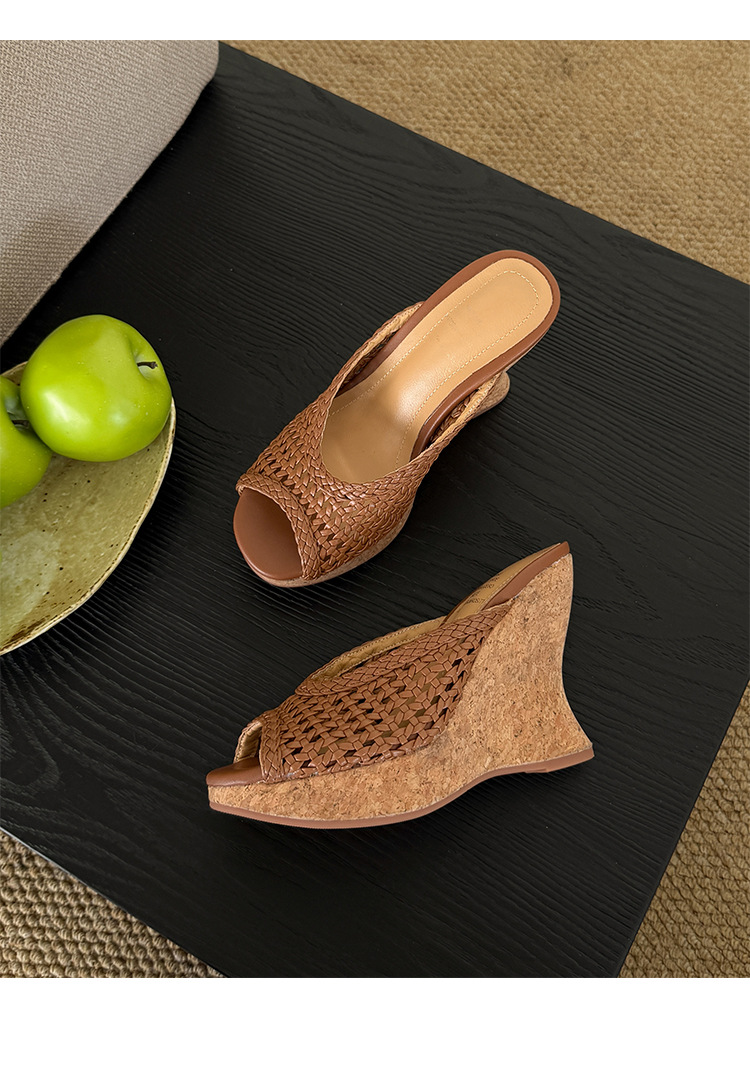 Sandal cao gót nữ đế xuồng mũi hở quai ngang bện đan — màu nâu, màu đen, màu trắng ngà chi tiết 8