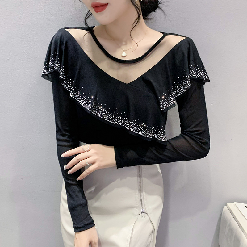 French Ruffled Base Shirt Women's Spring and Autumn Long Sleeve Sexy Mesh Top Elegant Hot Drilling Slim T-shirt
